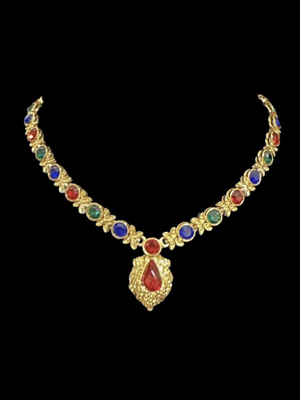 Vintage Gold-Tone Multicolor Pendant Necklace with Red Accent